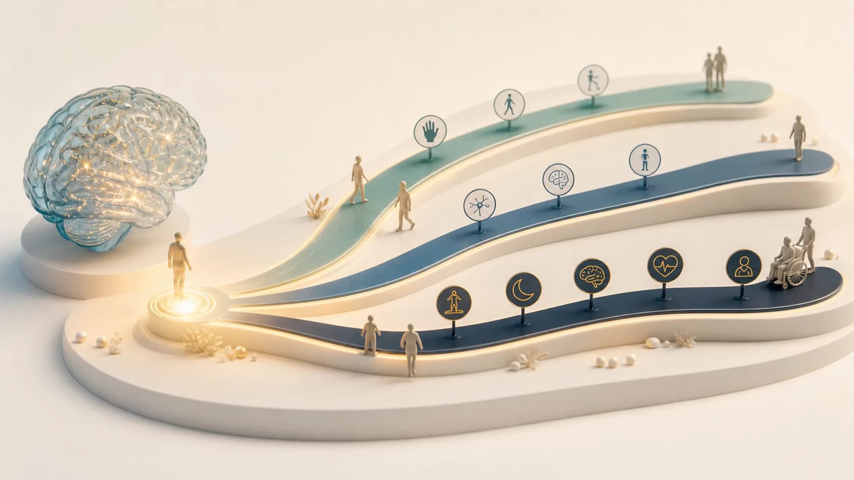Diorama médico mostrando três caminhos diferentes de evolução da doença de Parkinson, com cérebro, movimento, sono, memória e autonomia representados de forma didática