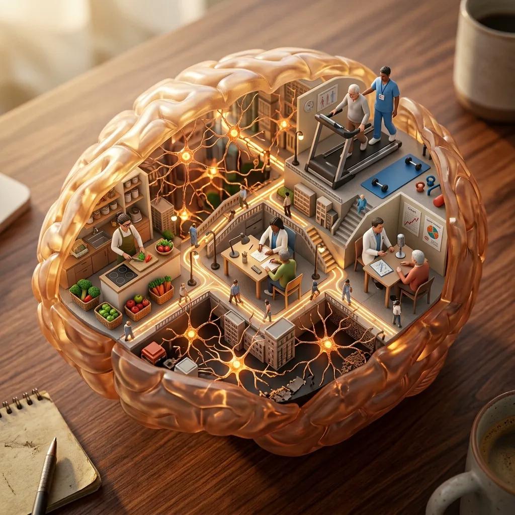 Ilustração editorial de uma pessoa caminhando com apoio, cercada por símbolos de fisioterapia, fonoaudiologia e alimentação — representando o cuidado multidisciplinar no Parkinson