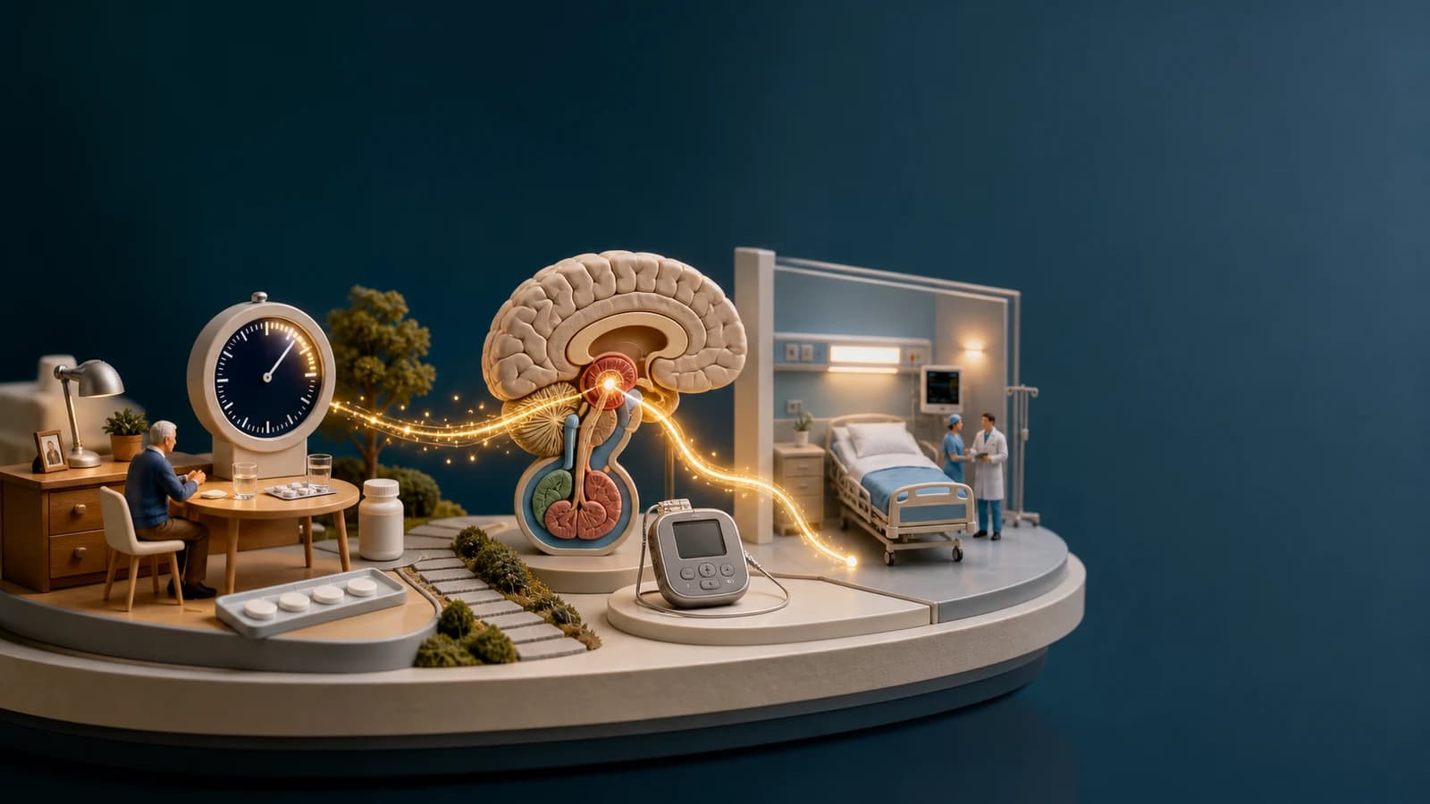 Diorama médico mostrando uma pessoa com Parkinson, relógios de medicação, hospital e circuito de dopamina em estilo infográfico