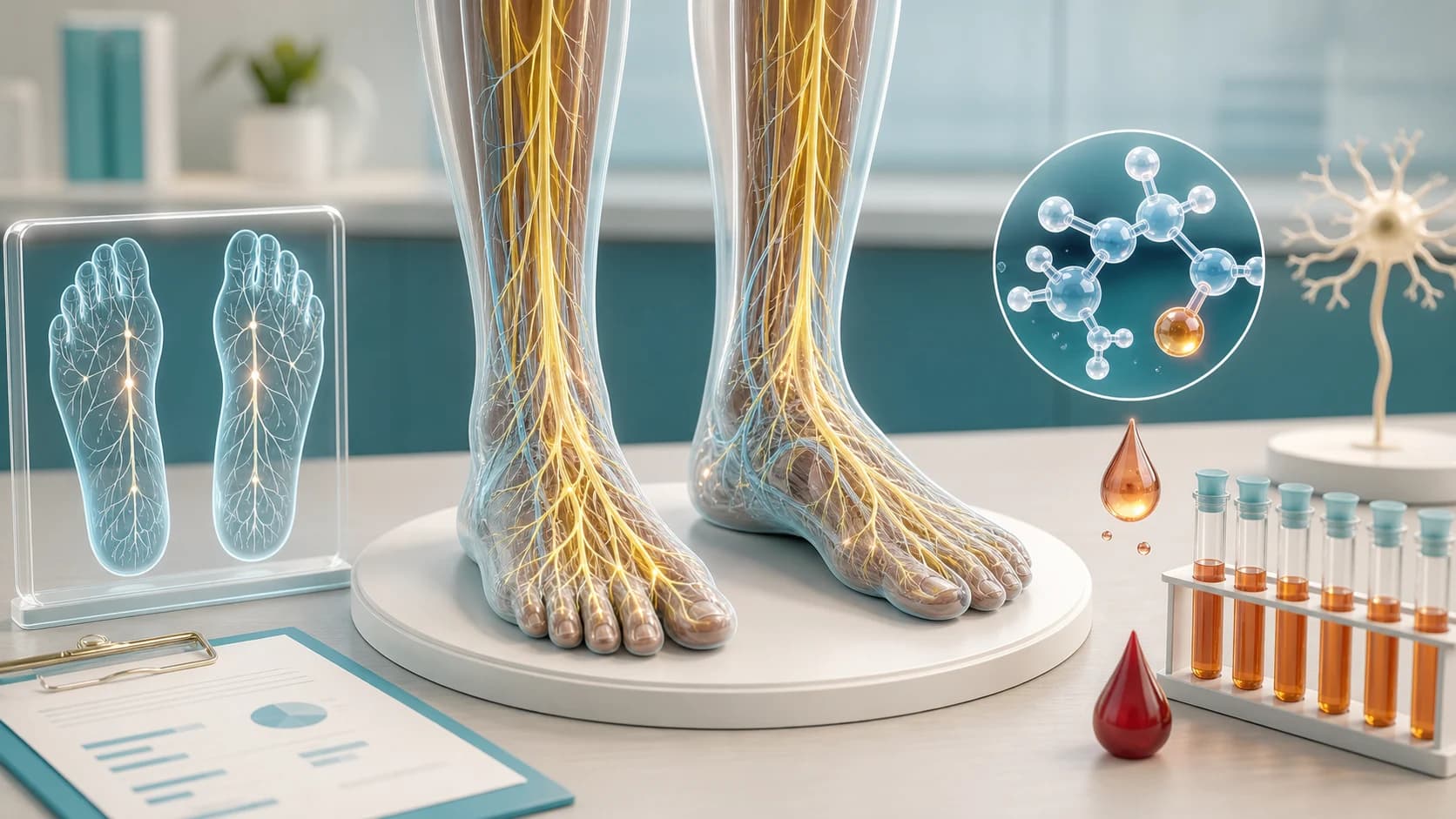 Diorama médico mostrando nervos periféricos dos pés, glicose no sangue e investigação neurológica de polineuropatia