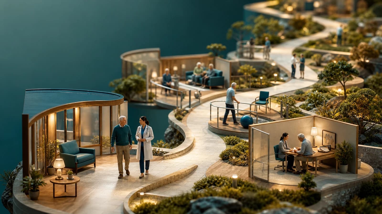 Diorama médico mostrando diferentes trajetórias possíveis ao longo da doença de Parkinson, com caminhada, cognição, autonomia e acompanhamento médico