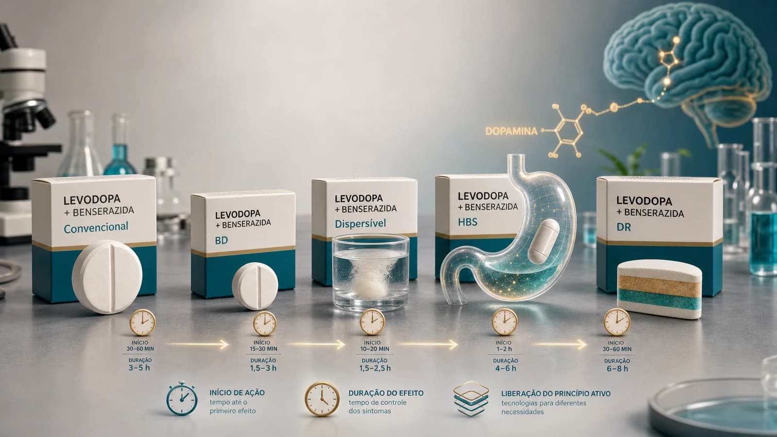 Diorama médico mostrando cinco versões do Prolopa para Parkinson com comprimidos, cápsula e relógios de ação sobre bancada farmacêutica