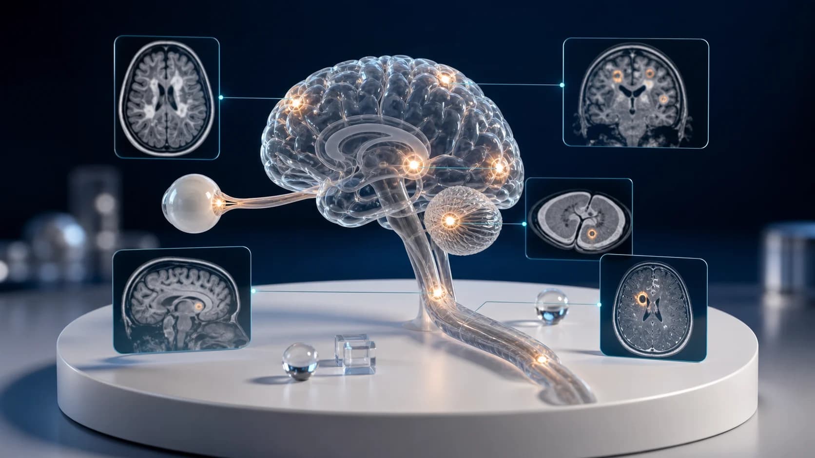 Diorama médico esquemático mostrando cérebro, medula espinhal e nervo óptico com áreas típicas de lesões da esclerose múltipla