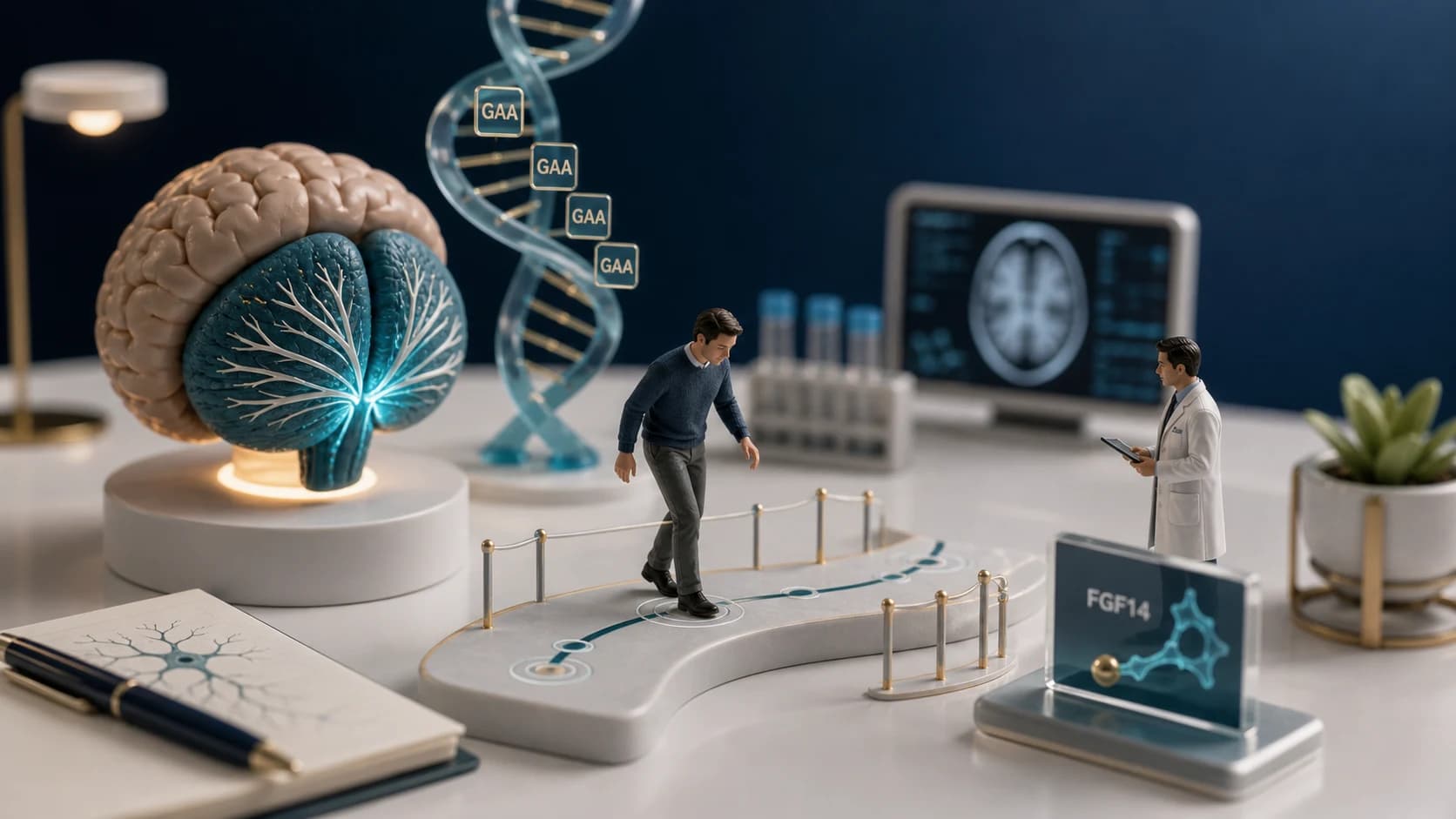 Diorama médico mostrando o cerebelo, uma fita de DNA com repetições GAA e uma pessoa caminhando com desequilíbrio em ambiente clínico