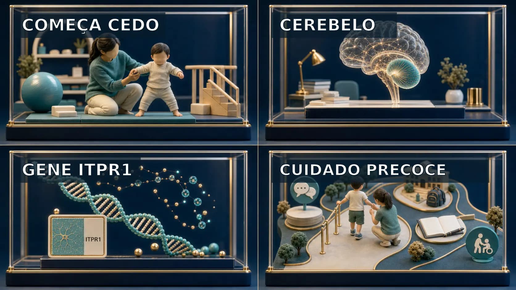 Diorama médico em quatro painéis mostrando criança com atraso motor, cerebelo, gene ITPR1 e reabilitação na SCA29