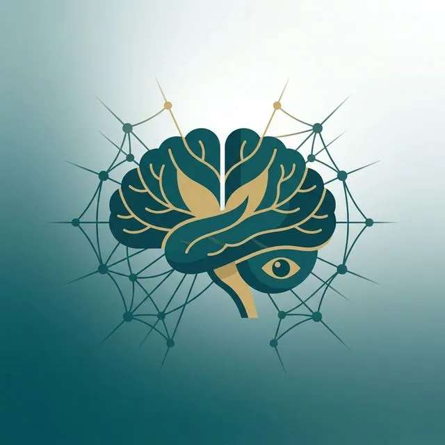 Ilustração do cerebelo com conexões neurais afetadas pela SCA7, estilo flat design médico em azul-petróleo e dourado