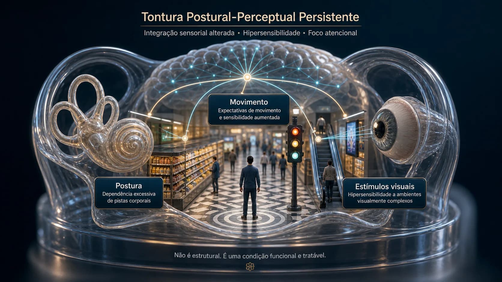 Diorama médico mostrando uma pessoa em ambiente visualmente complexo com representação do sistema vestibular e do cérebro integrando equilíbrio, visão e movimento