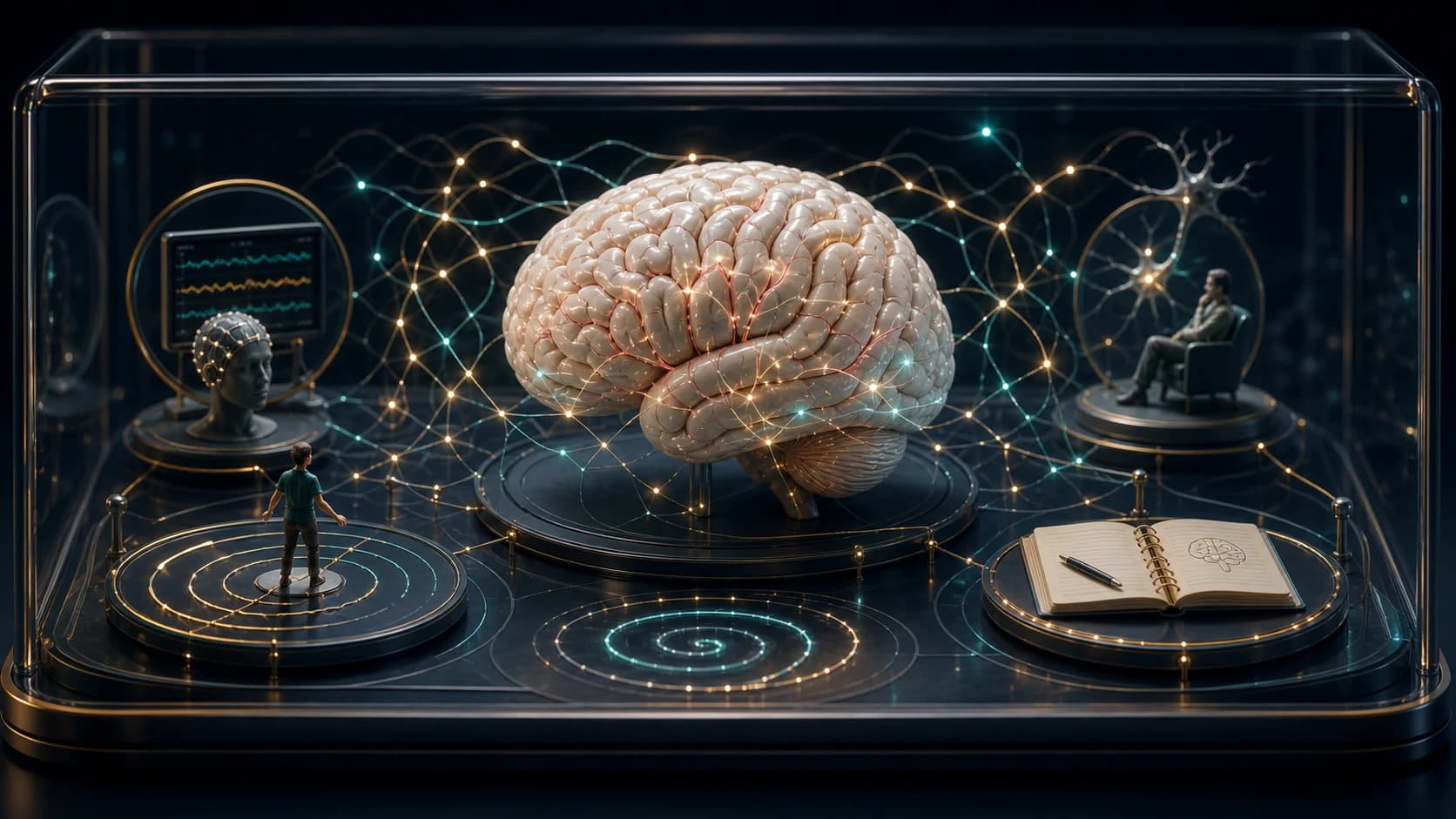 Diorama médico mostrando redes cerebrais desreguladas em transtorno neurológico funcional