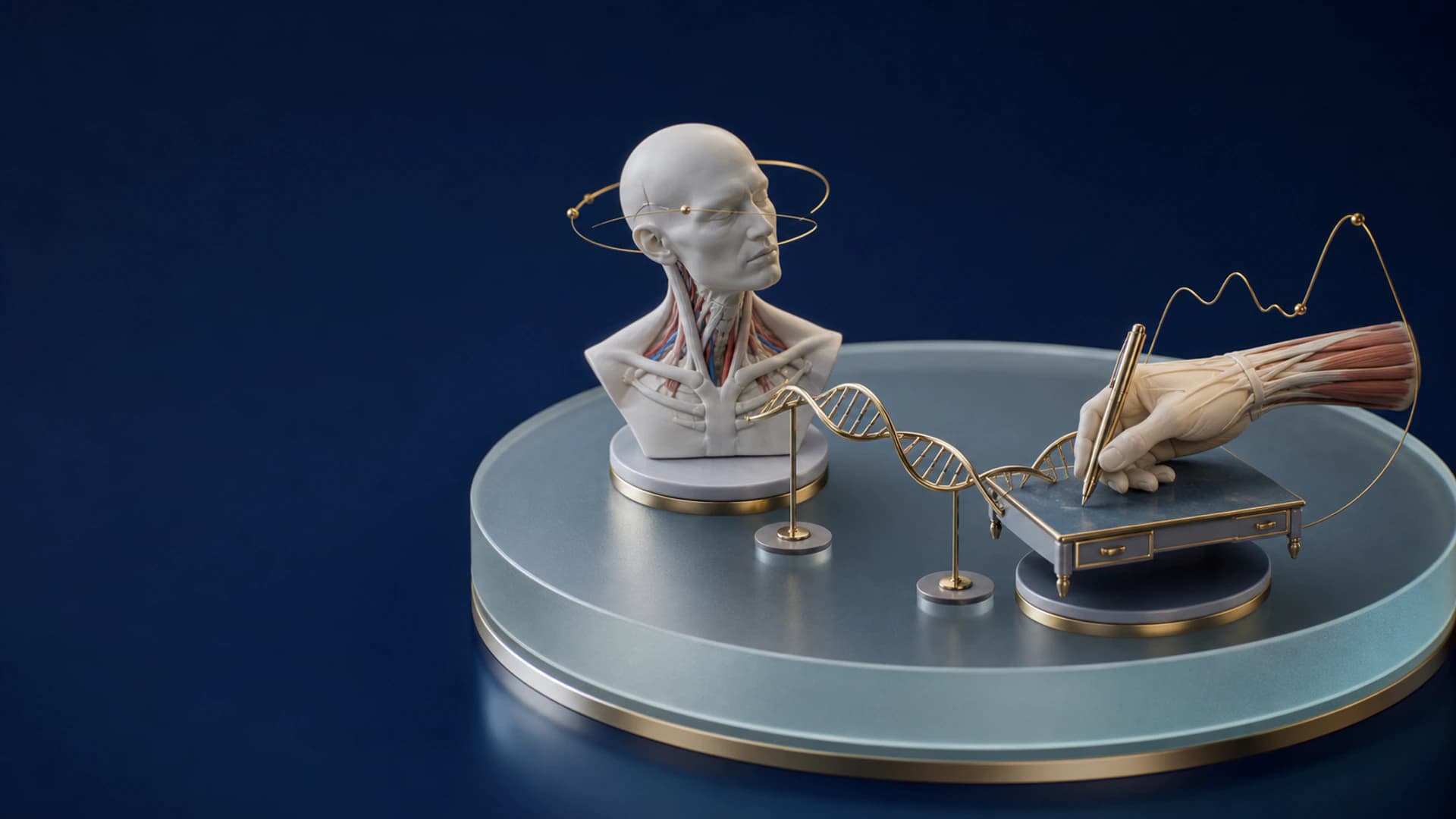 Diorama médico em miniatura com modelos de mão, cabeça e pescoço conectados simbolicamente a uma hélice de DNA, representando a relação entre tremor, distonia e genética