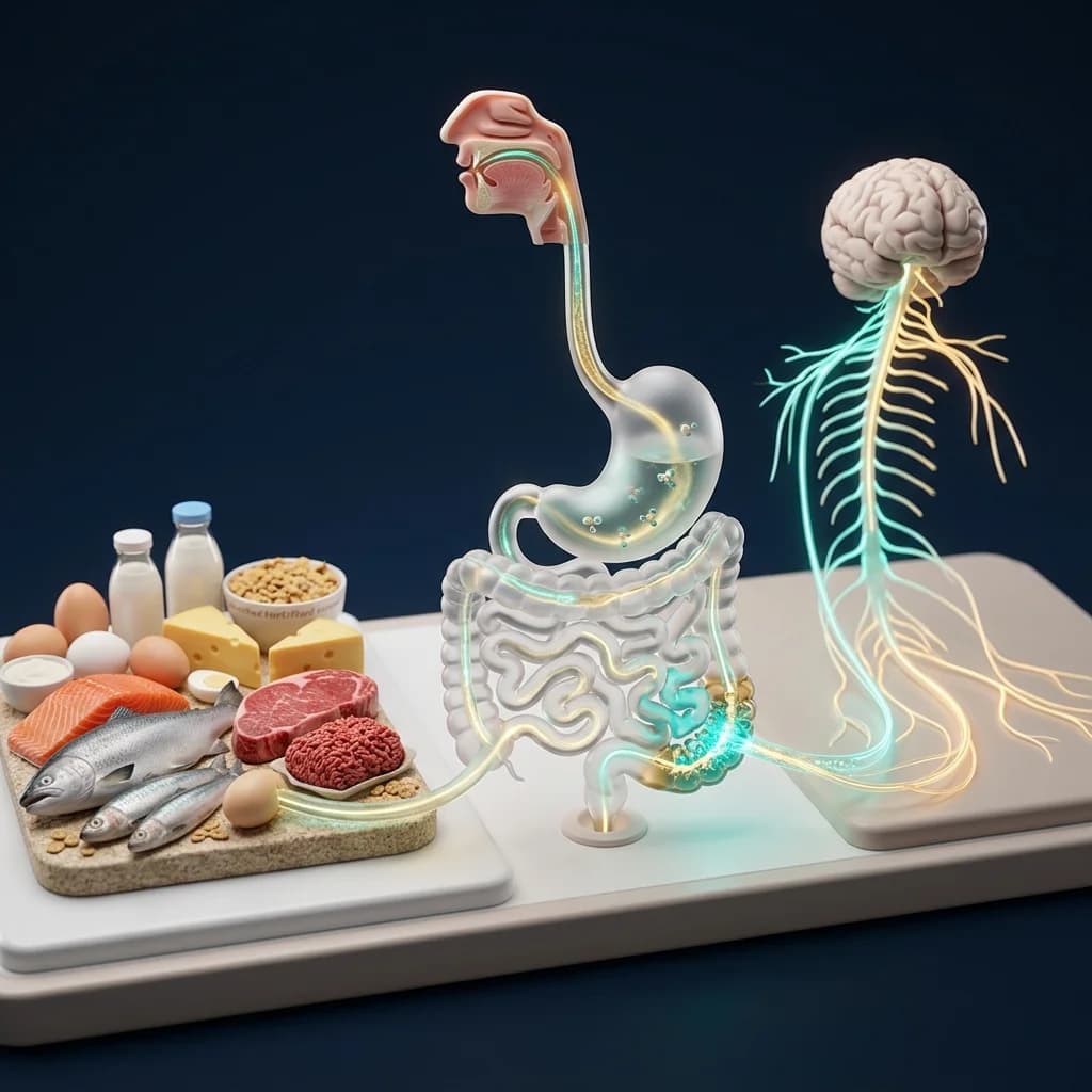 Diorama médico mostrando a vitamina B12 como ponte entre alimentação, intestino, nervos e cérebro