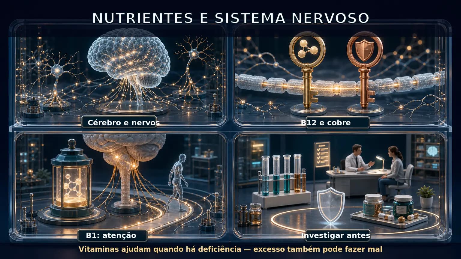 Diorama médico em quatro cenas mostrando cérebro, nervos, vitaminas e investigação segura de deficiências nutricionais