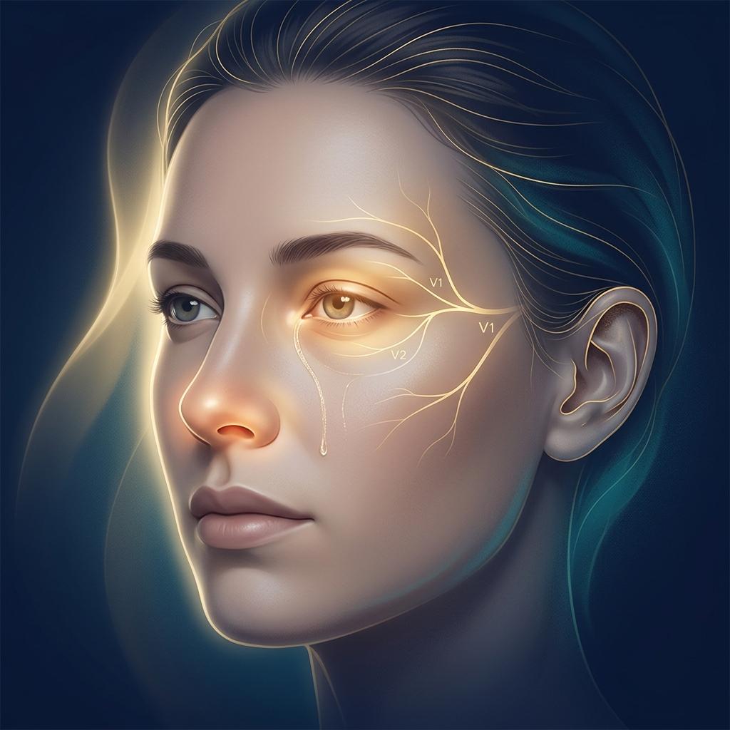 Ilustração editorial de dor de cabeça unilateral com sinais autonômicos, como lacrimejamento e congestão nasal