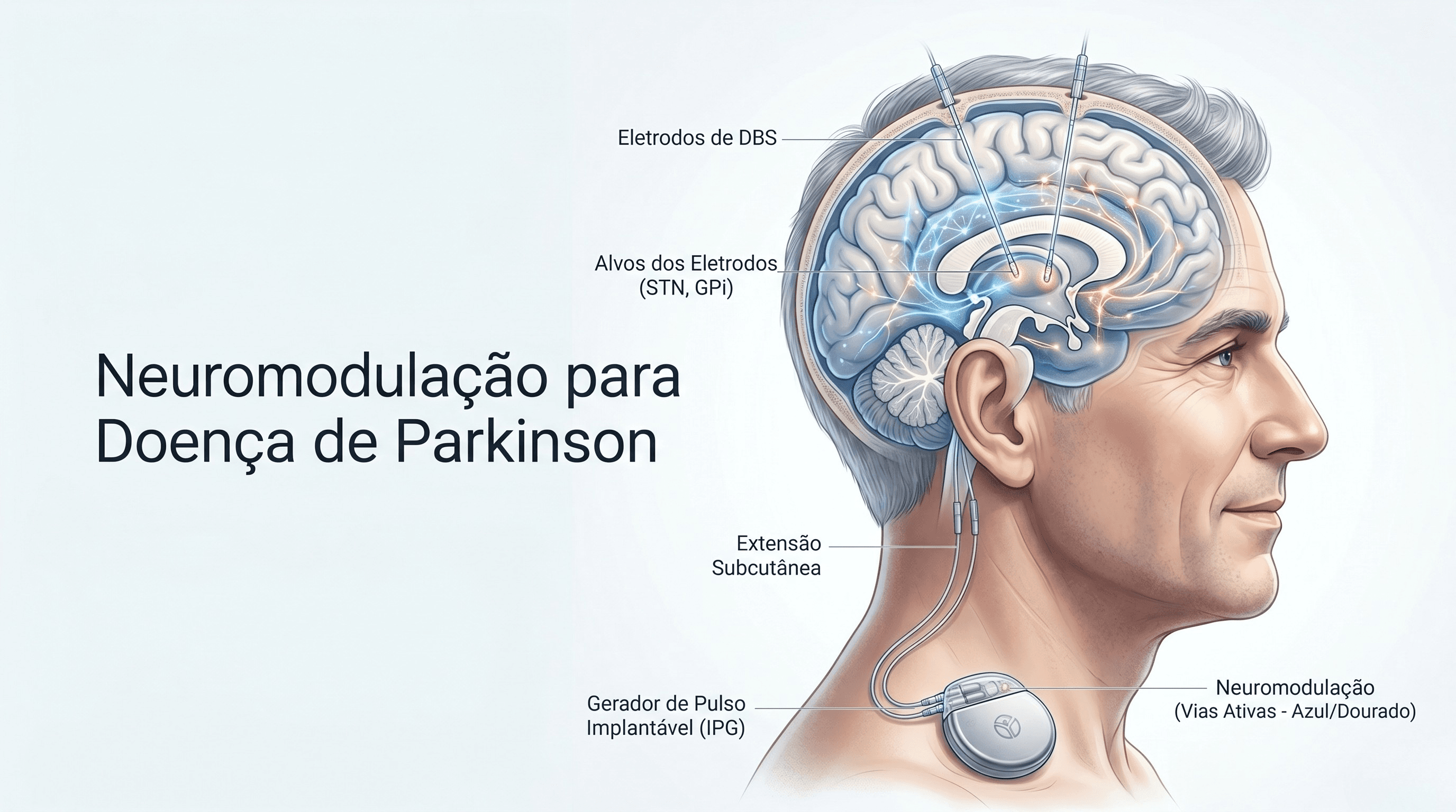 Capa editorial sobre neuromodulação no Parkinson mostrando representação artística de circuitos cerebrais e tecnologia médica premium