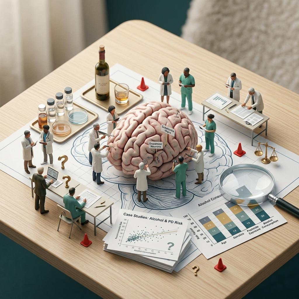 Ilustração editorial sobre álcool e risco de doença de Parkinson