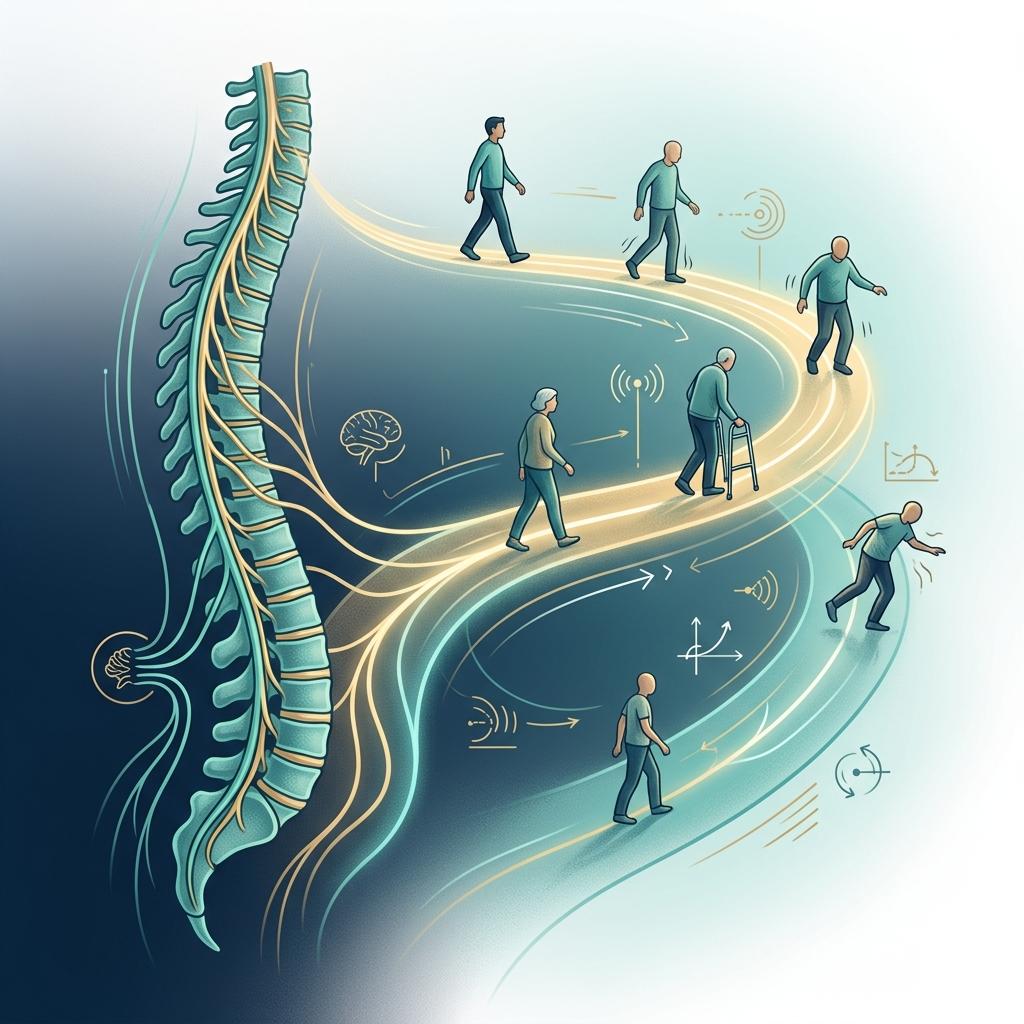 Ilustração médica mostrando equilíbrio, marcha e coordenação na ataxia de Friedreich