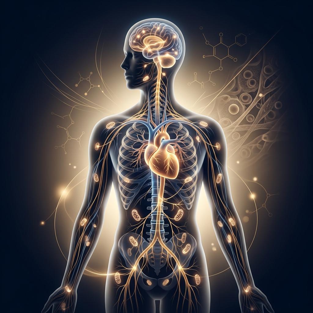 Ilustração médica da ataxia de Friedreich mostrando cérebro, medula, coração e mitocôndria em composição editorial limpa