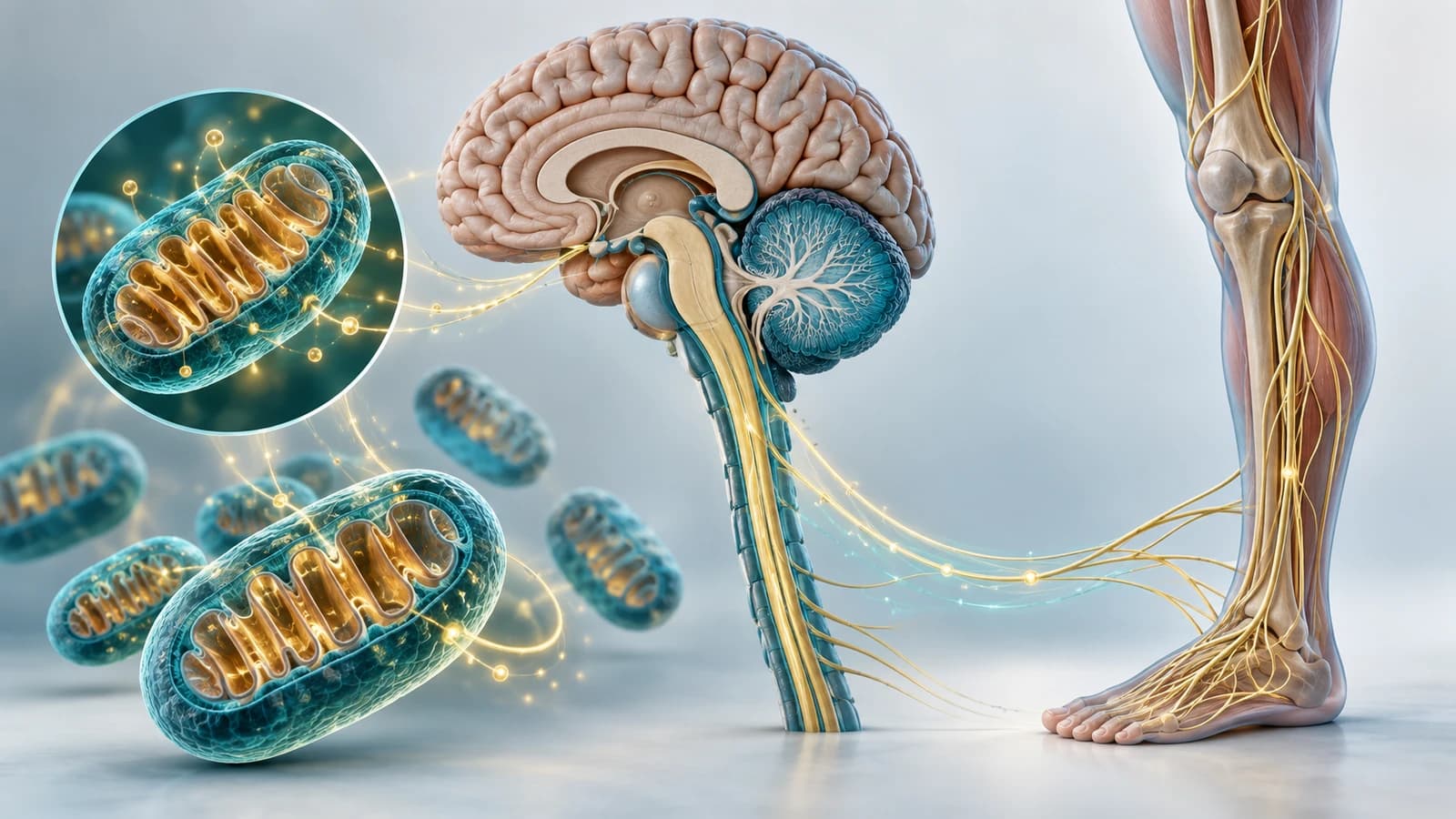 Diorama médico mostrando cerebelo, nervos periféricos e mitocôndrias conectados em uma rede de produção de energia