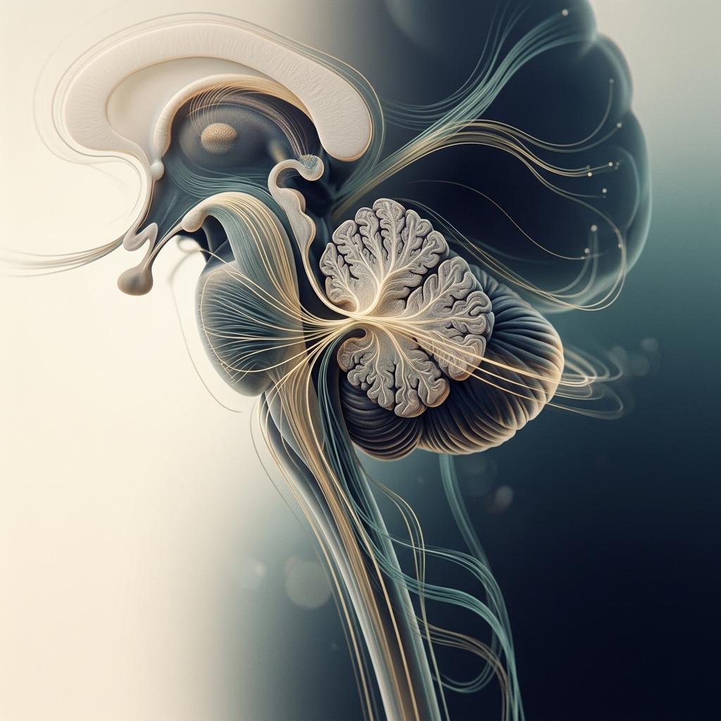 Ilustração médica elegante do cerebelo e de vias neurais representando ataxias hereditárias