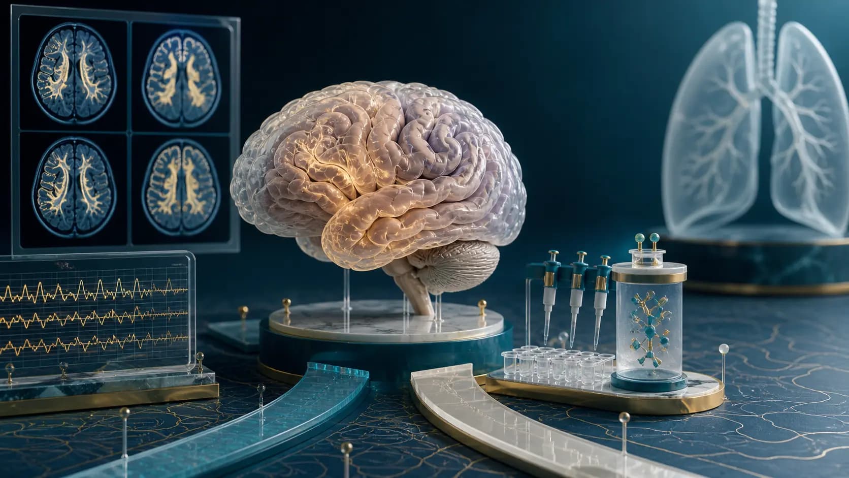 Diorama médico representando investigação neurológica de doença de Creutzfeldt-Jakob com cérebro, ressonância magnética e elementos laboratoriais.
