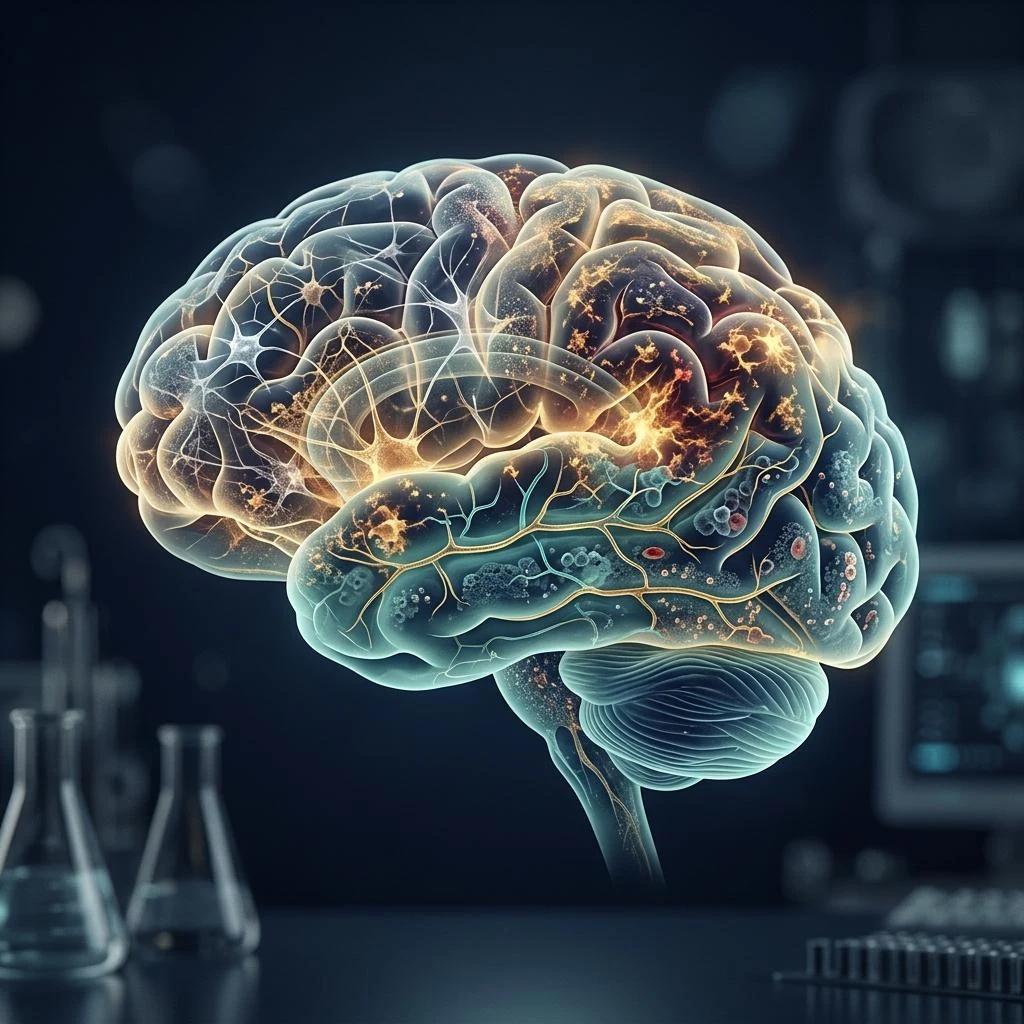Ilustração médica de cérebro com sinais de alerta clínico para demência rapidamente progressiva
