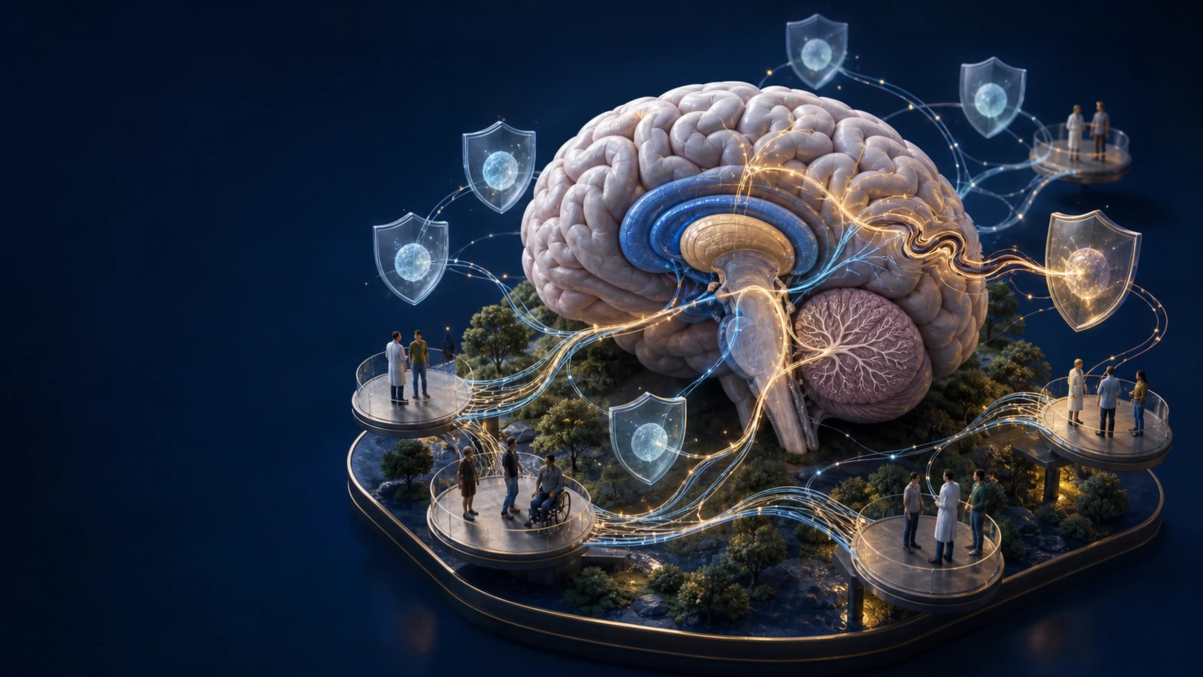 Diorama educativo de uma rede cerebral de controle do movimento cercada por elementos do sistema imune, representando de forma não literal a distonia autoimune