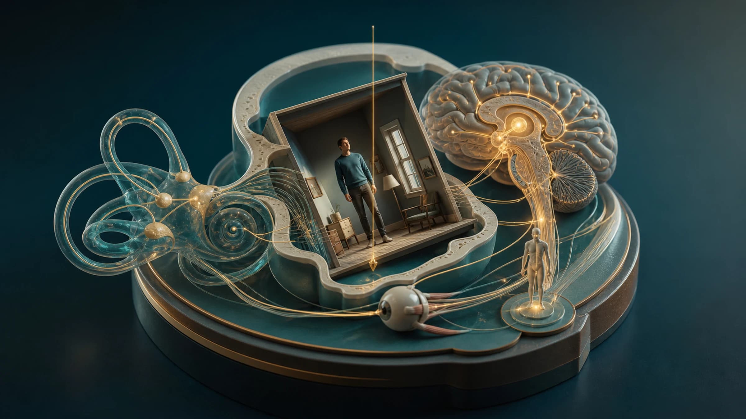 Diorama mostrando uma pessoa inclinada dentro de um ambiente enquanto uma linha luminosa representa a vertical real determinada pela gravidade