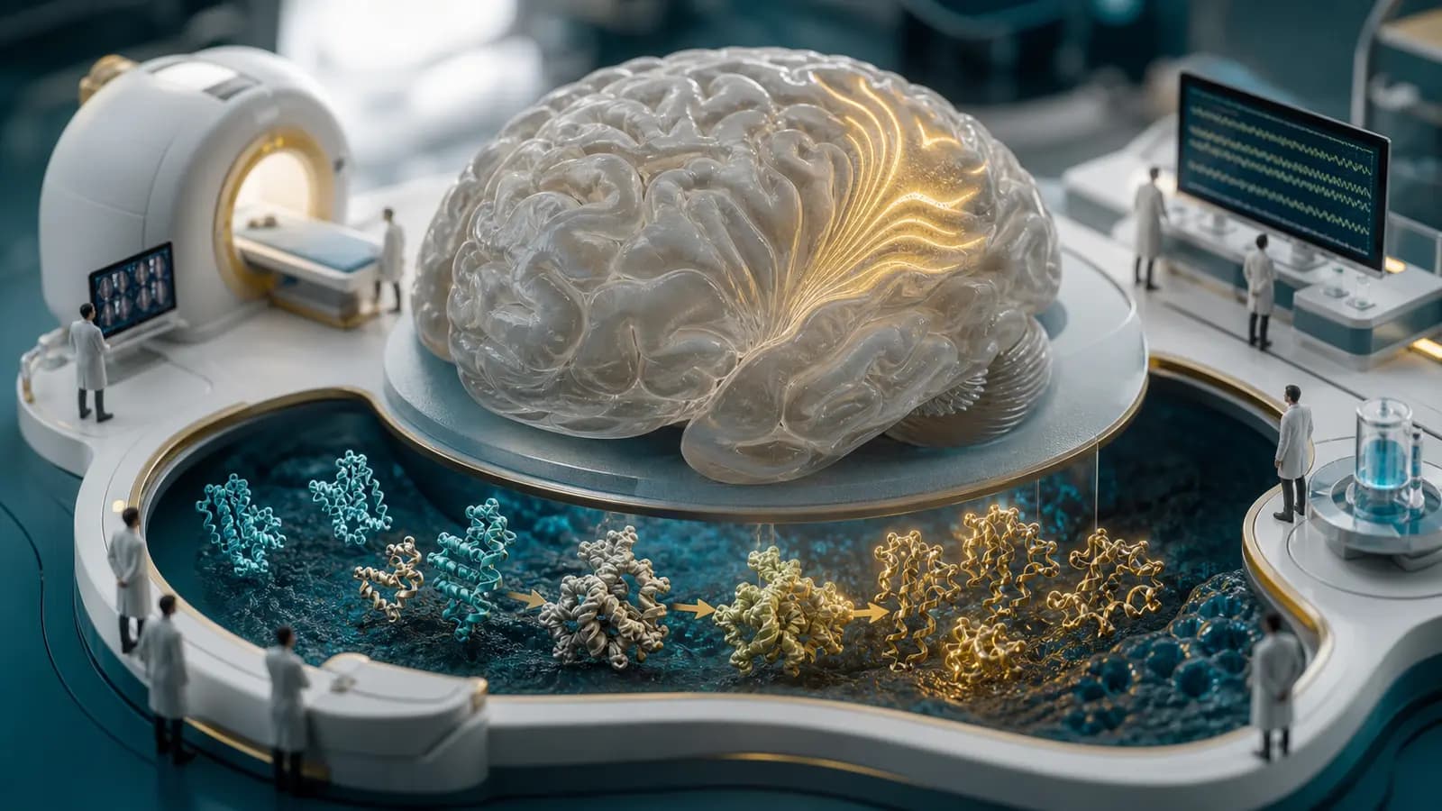 Diorama médico representando cérebro humano, proteína priônica e investigação diagnóstica da doença de Creutzfeldt-Jakob