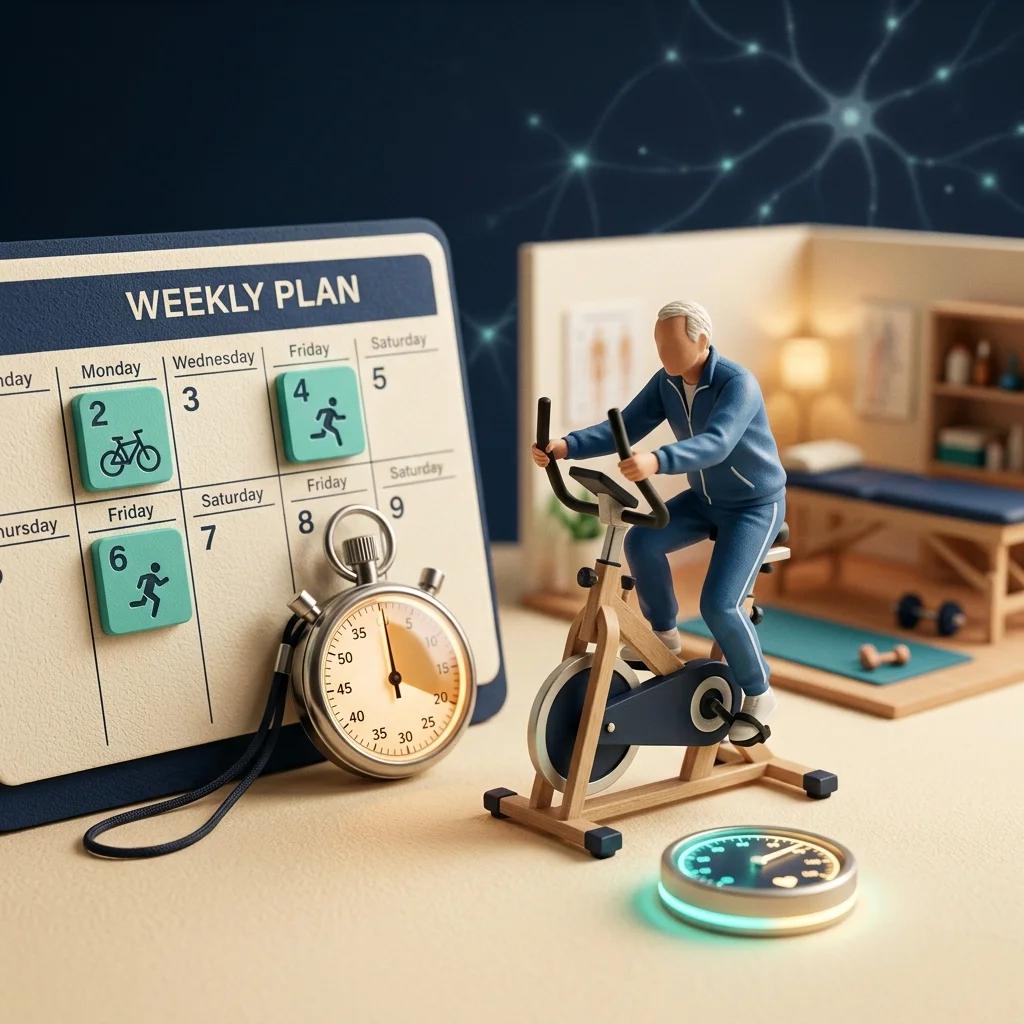 Diorama mostrando frequência, duração e intensidade do exercício aeróbico no Parkinson