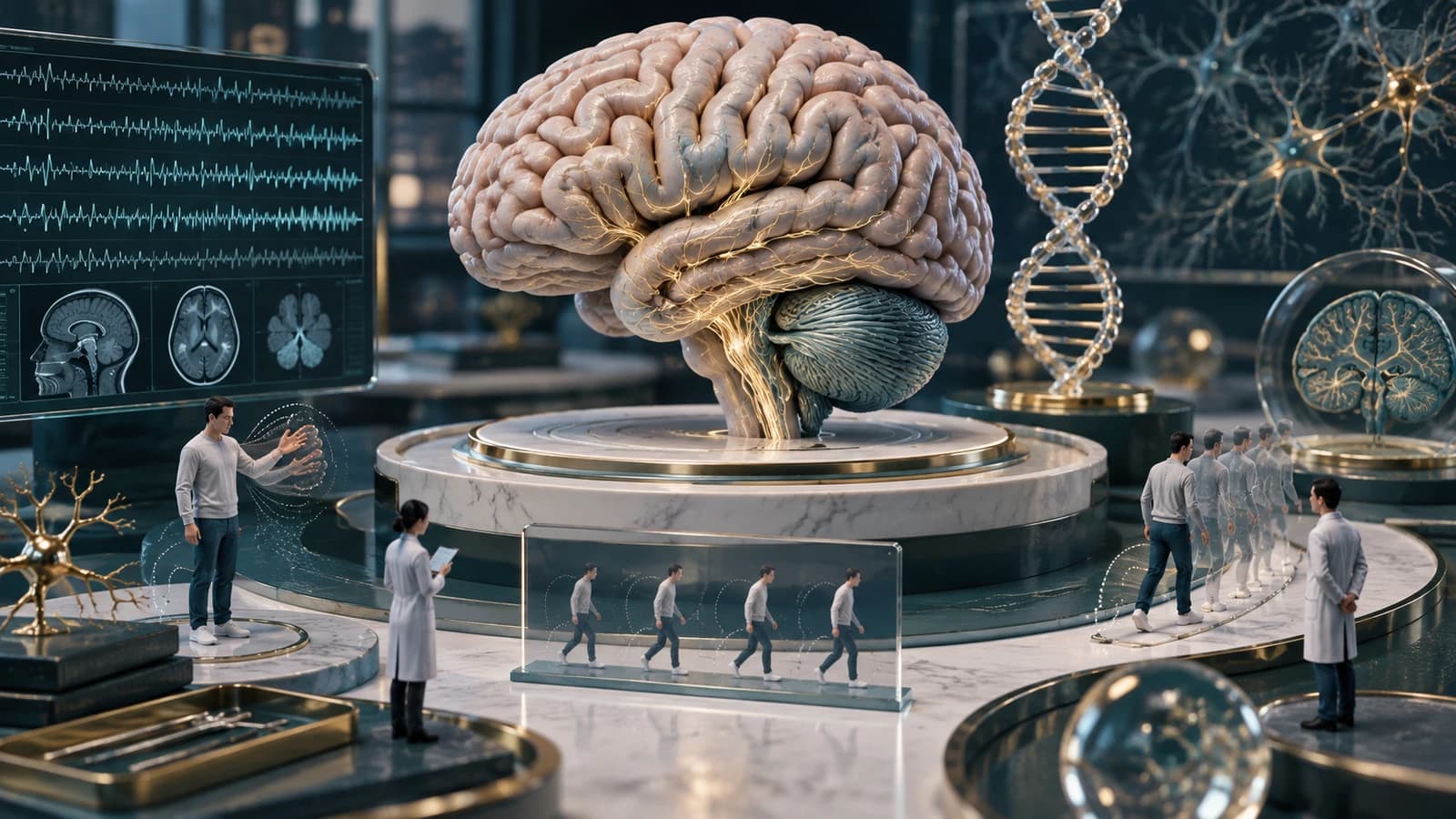 Diorama médico do cérebro e cerebelo conectados a sinais elétricos, representando epilepsia, mioclonia e ataxia
