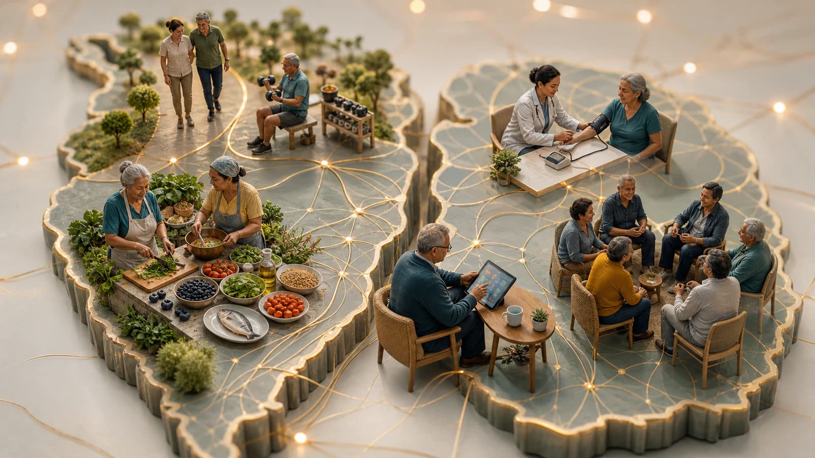 Diorama em miniatura do mapa da América Latina representado como um cérebro, com pessoas idosas praticando exercícios, preparando alimentos saudáveis, realizando treino cognitivo e medindo a pressão arterial