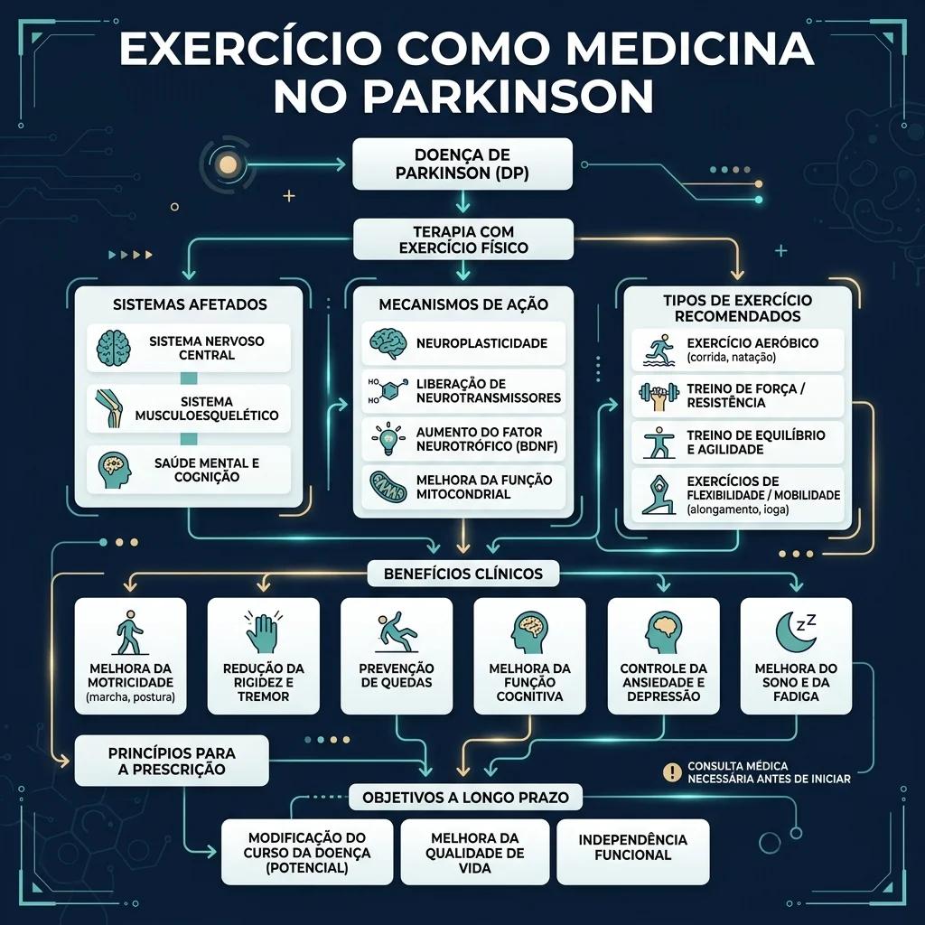 Fluxograma explicando exercício como medicina no Parkinson