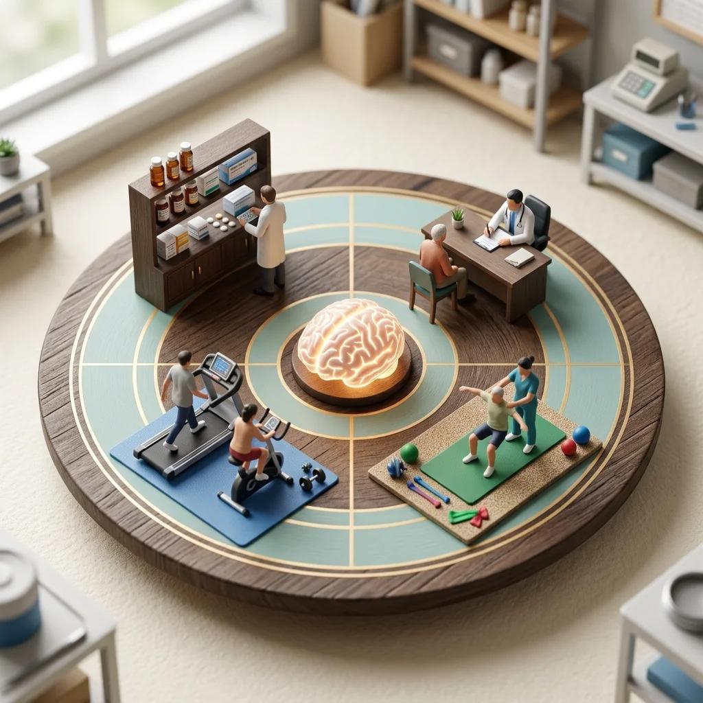 Diorama mostrando exercício, medicação, fisioterapia e neurologia como partes do cuidado no Parkinson