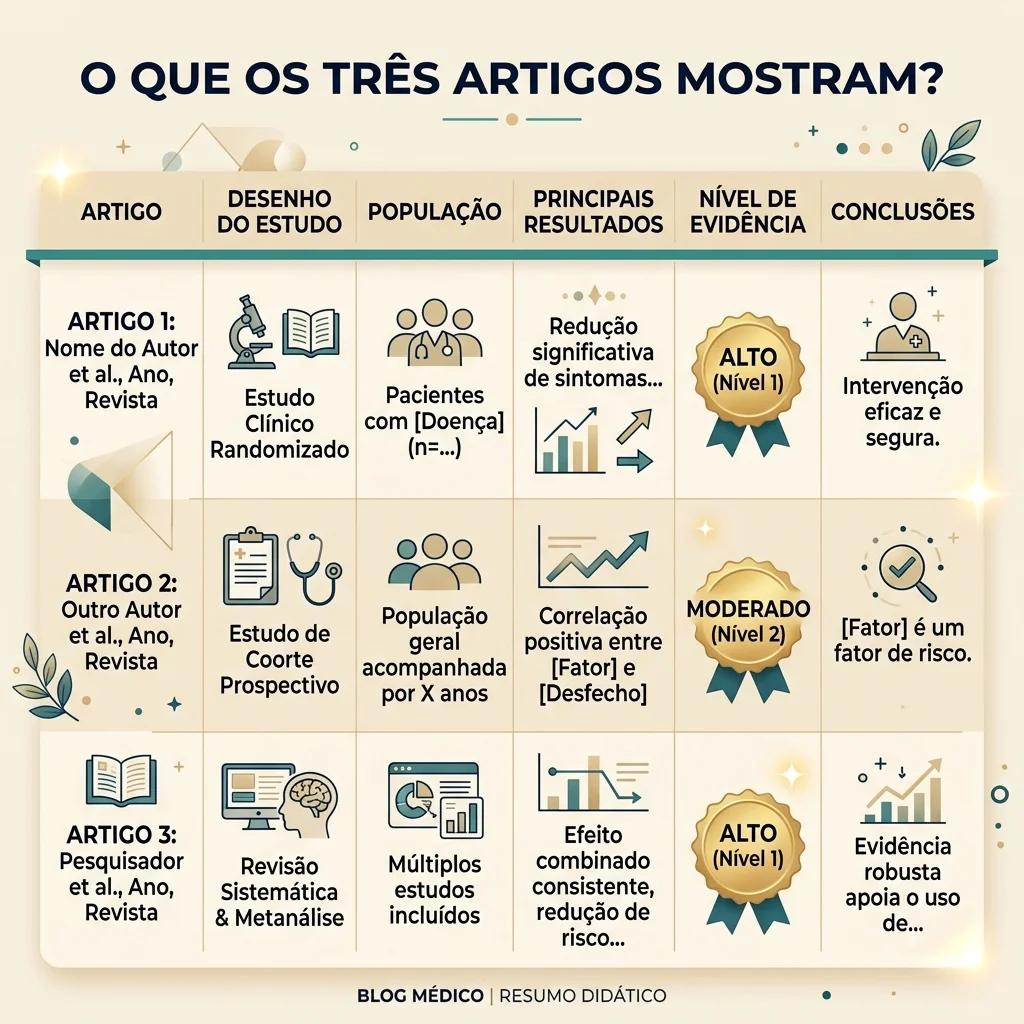Tabela visual resumindo os três artigos sobre exercício na doença de Parkinson
