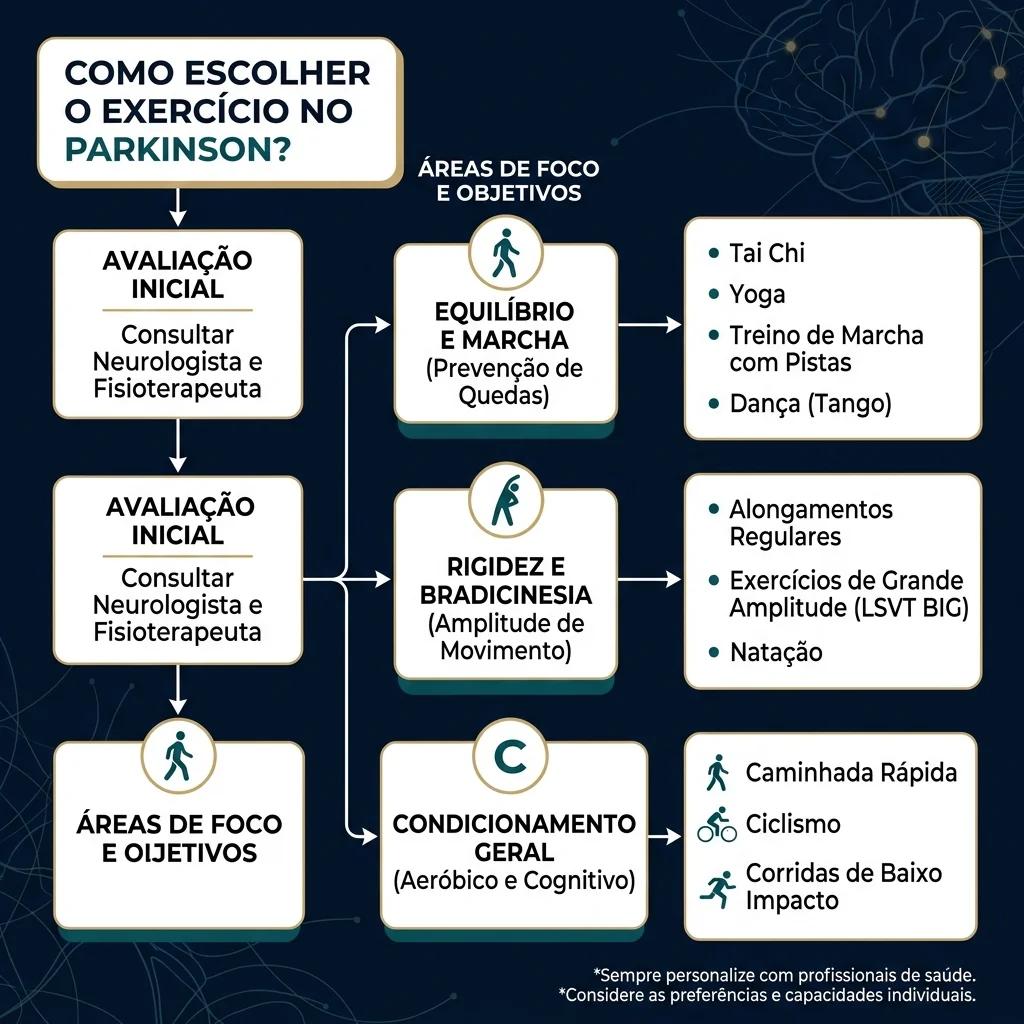 Fluxograma para escolher tipo de exercício na doença de Parkinson