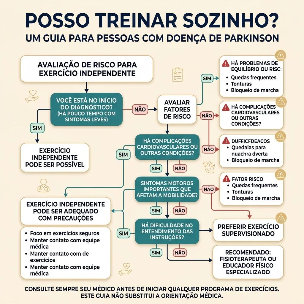 Fluxograma sobre quando treinar sozinho ou com supervisão no Parkinson