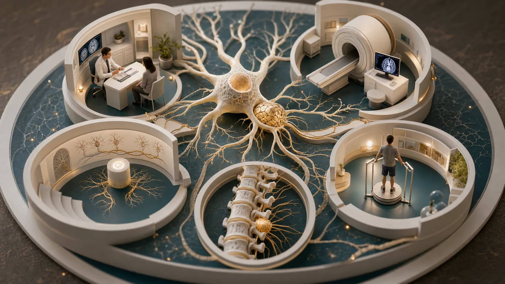 Diorama médico mostrando neurônio sensitivo, consulta neurológica, exame de imagem, coluna e reabilitação para explicar ganglionopatia sensitiva.