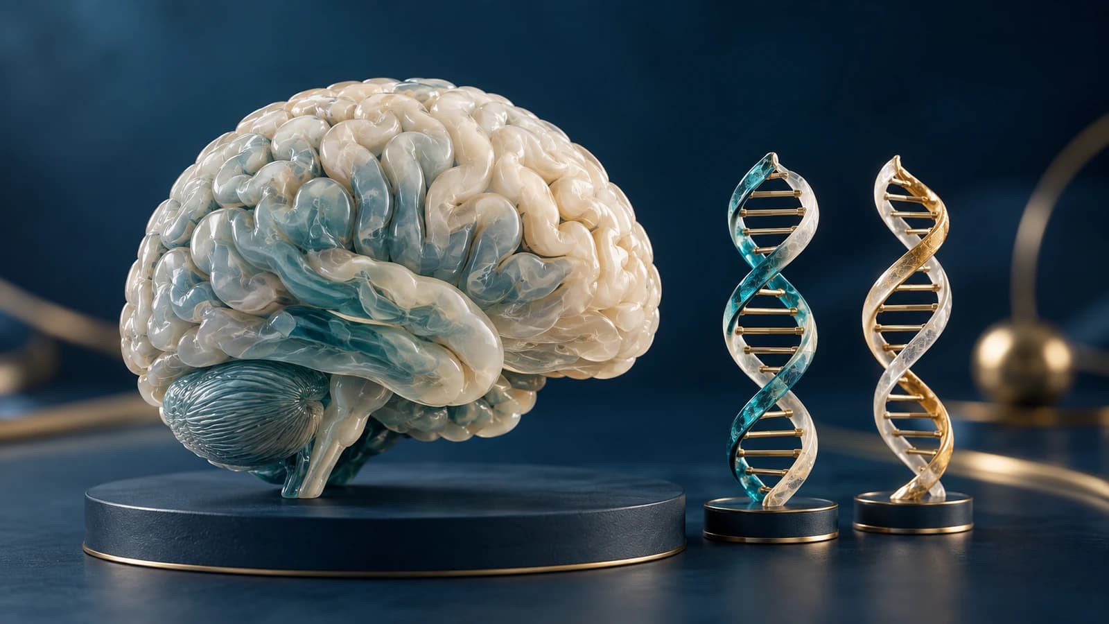 Diorama conceitual com cérebro e duas estruturas de DNA semelhantes, representando doenças com manifestações parecidas e causas genéticas diferentes.