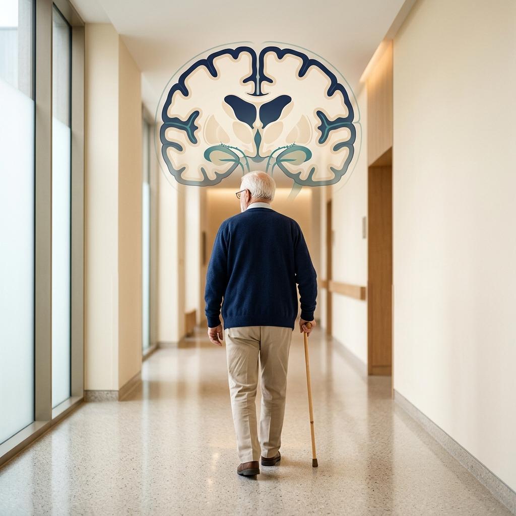 Ilustração editorial de cérebro e ventrículos cerebrais com foco em marcha e envelhecimento