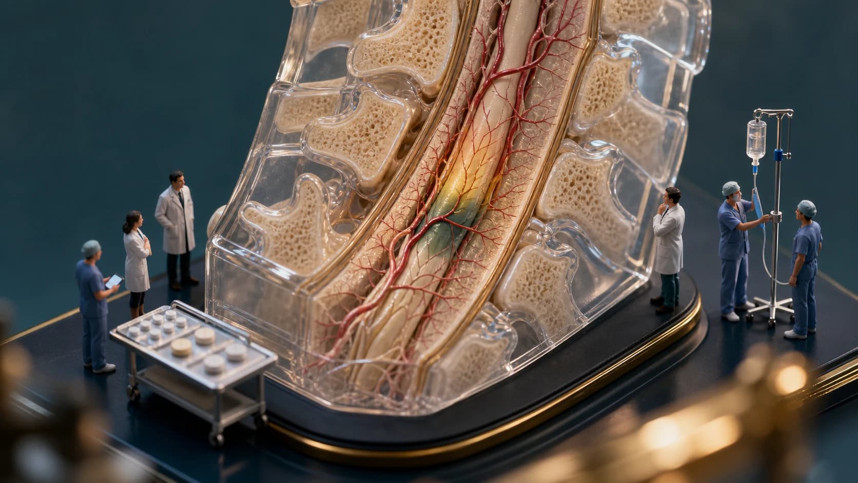 Diorama médico mostrando a medula espinhal, seus vasos sanguíneos e duas estratégias de tratamento para um infarto medular