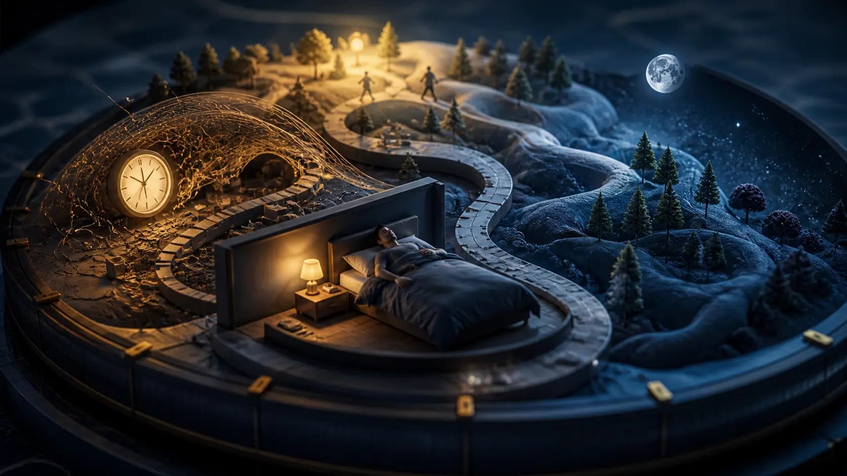 Diorama médico mostrando um quarto noturno conectado a um relógio circadiano e a um cérebro em estado de alerta