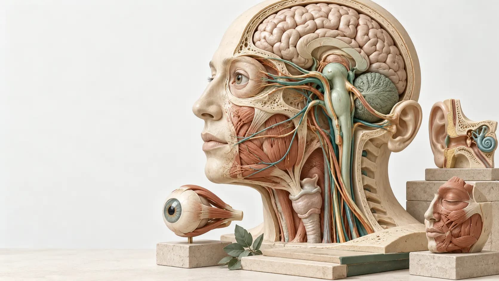 Diorama anatômico de cabeça e pescoço com tronco encefálico e trajetos de nervos cranianos em destaque