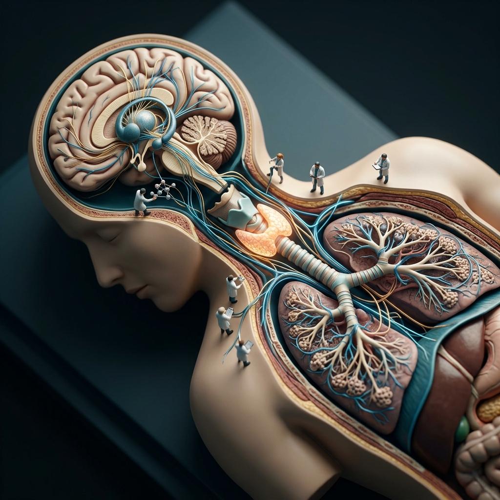 Ilustração médica representando cérebro, pulmões e tireoide conectados por um eixo genético