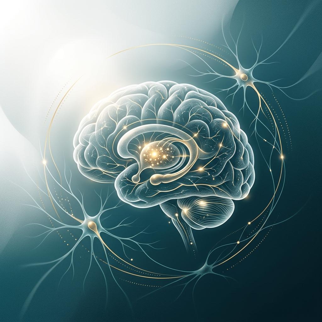 Ilustração médica limpa representando cérebro e circuitos do movimento na doença de Parkinson