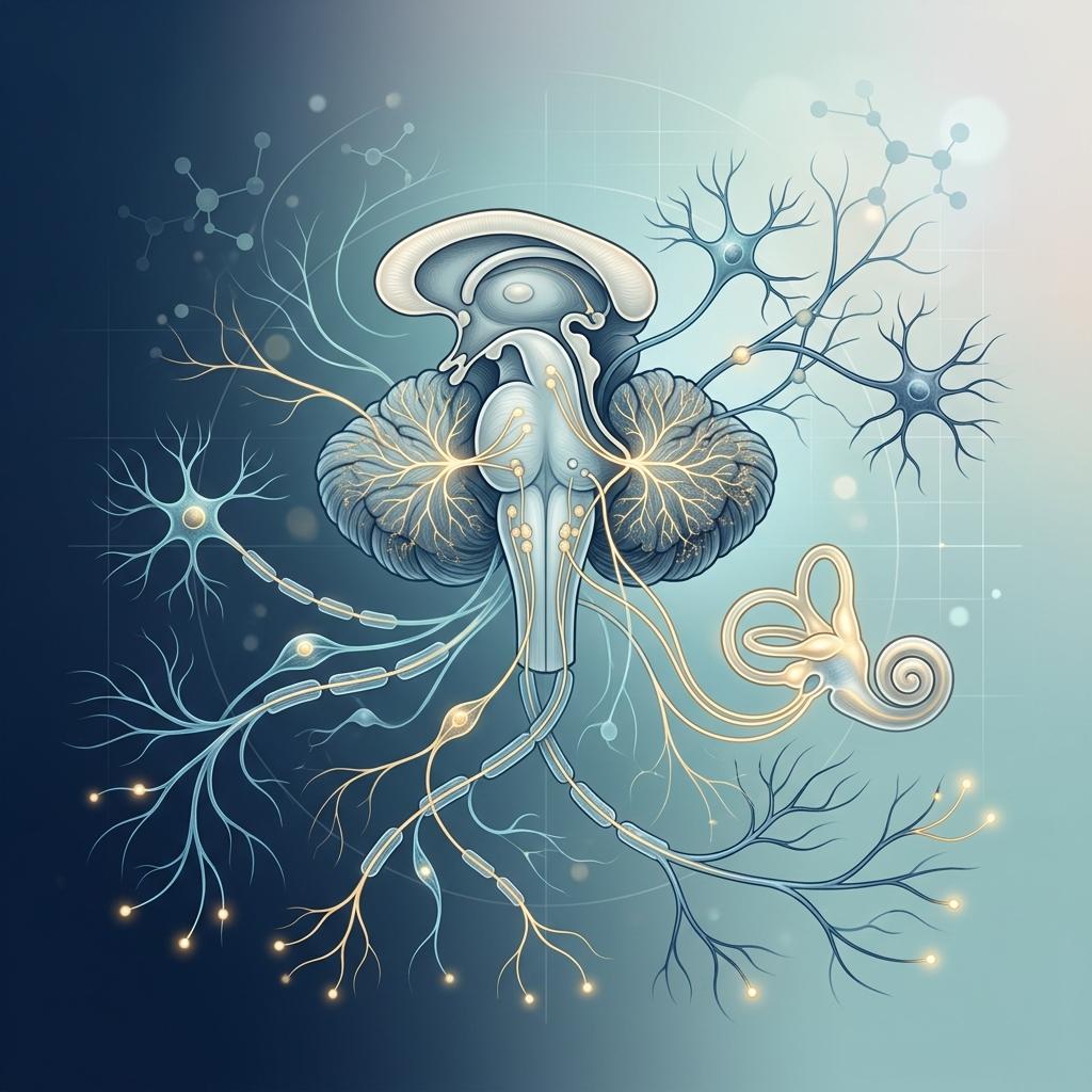 Ilustração conceitual de cérebro, cerebelo, nervos sensitivos e sistema vestibular conectados