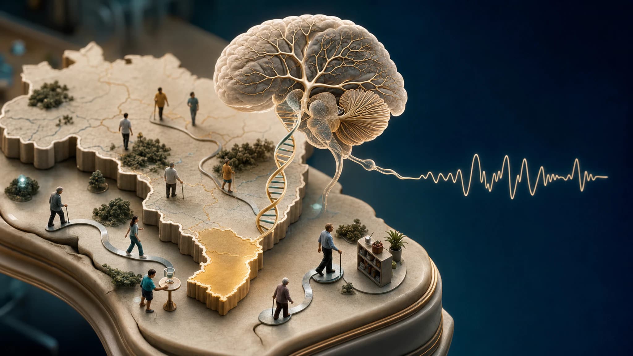 Diorama médico do mapa do Brasil integrado a um cerebelo e a uma fita de DNA, representando a SCA10