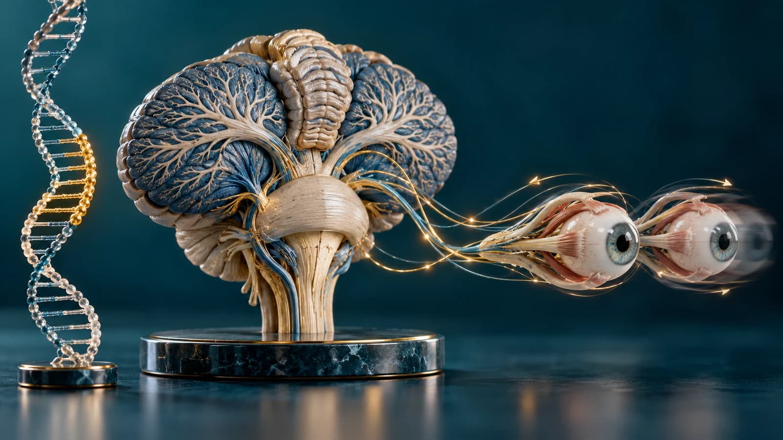 Diorama médico representando cerebelo, tronco encefálico, movimentos oculares e uma sequência genética associados à SCA2