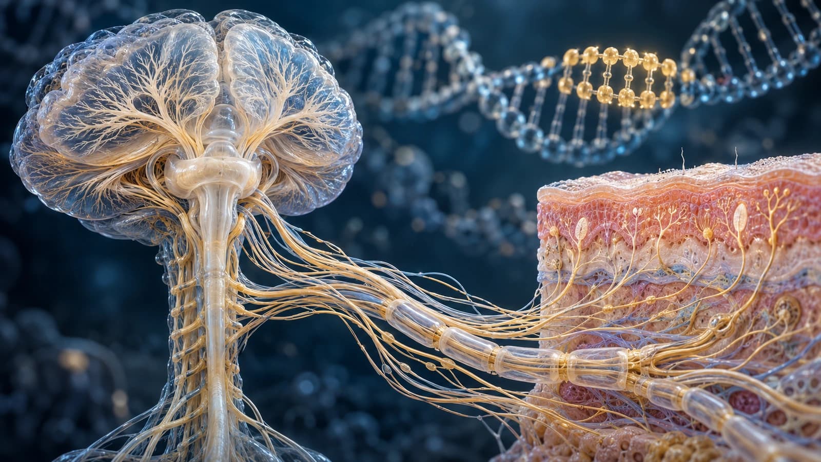 Diorama médico mostrando cérebro, medula, nervos periféricos e pequenas fibras sensoriais da pele em contexto de SCA3
