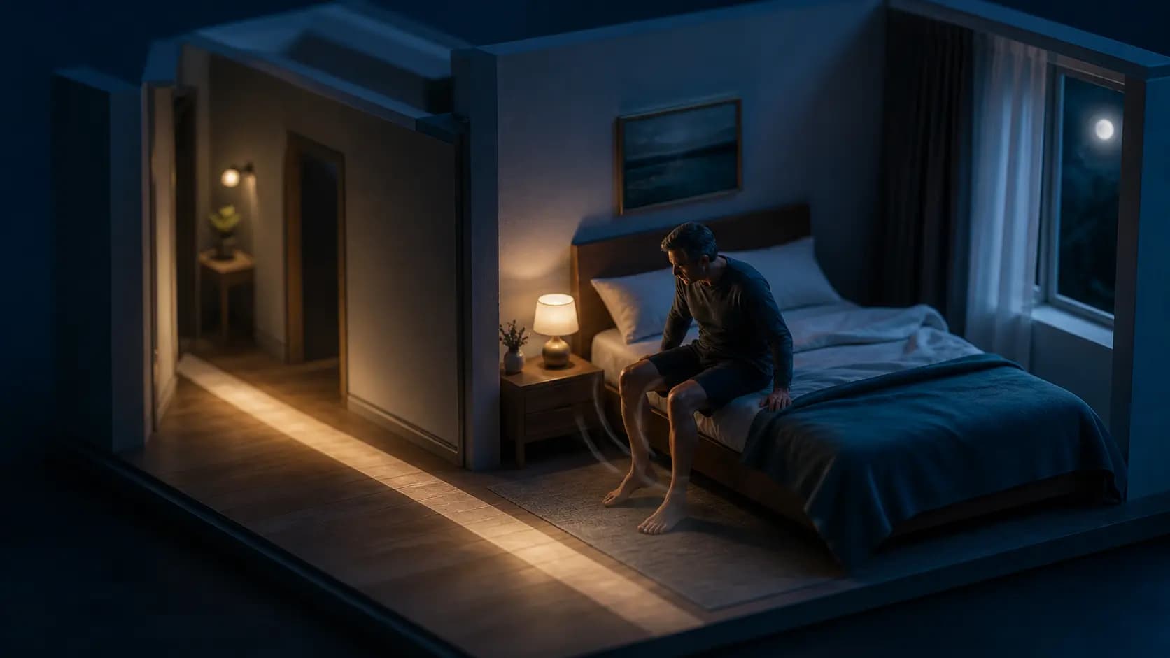 Diorama noturno representando uma pessoa com desconforto nas pernas que se levanta da cama para caminhar