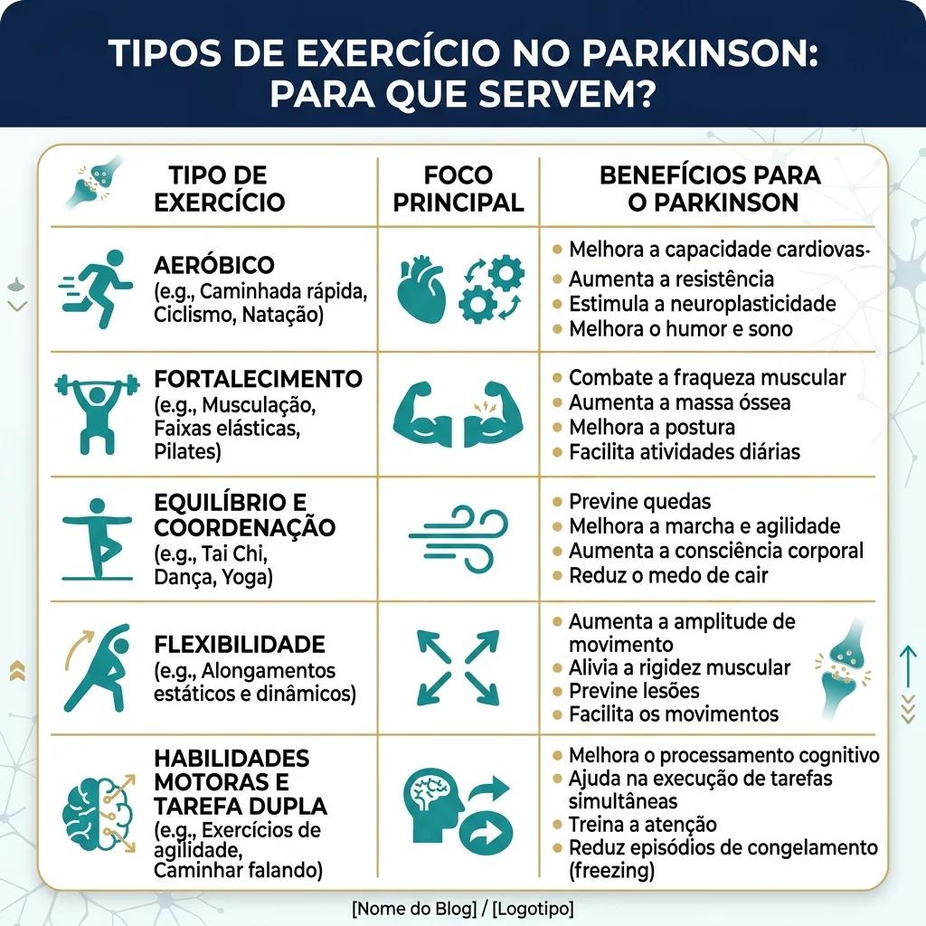 Tabela didática com tipos de exercício e possíveis benefícios no Parkinson