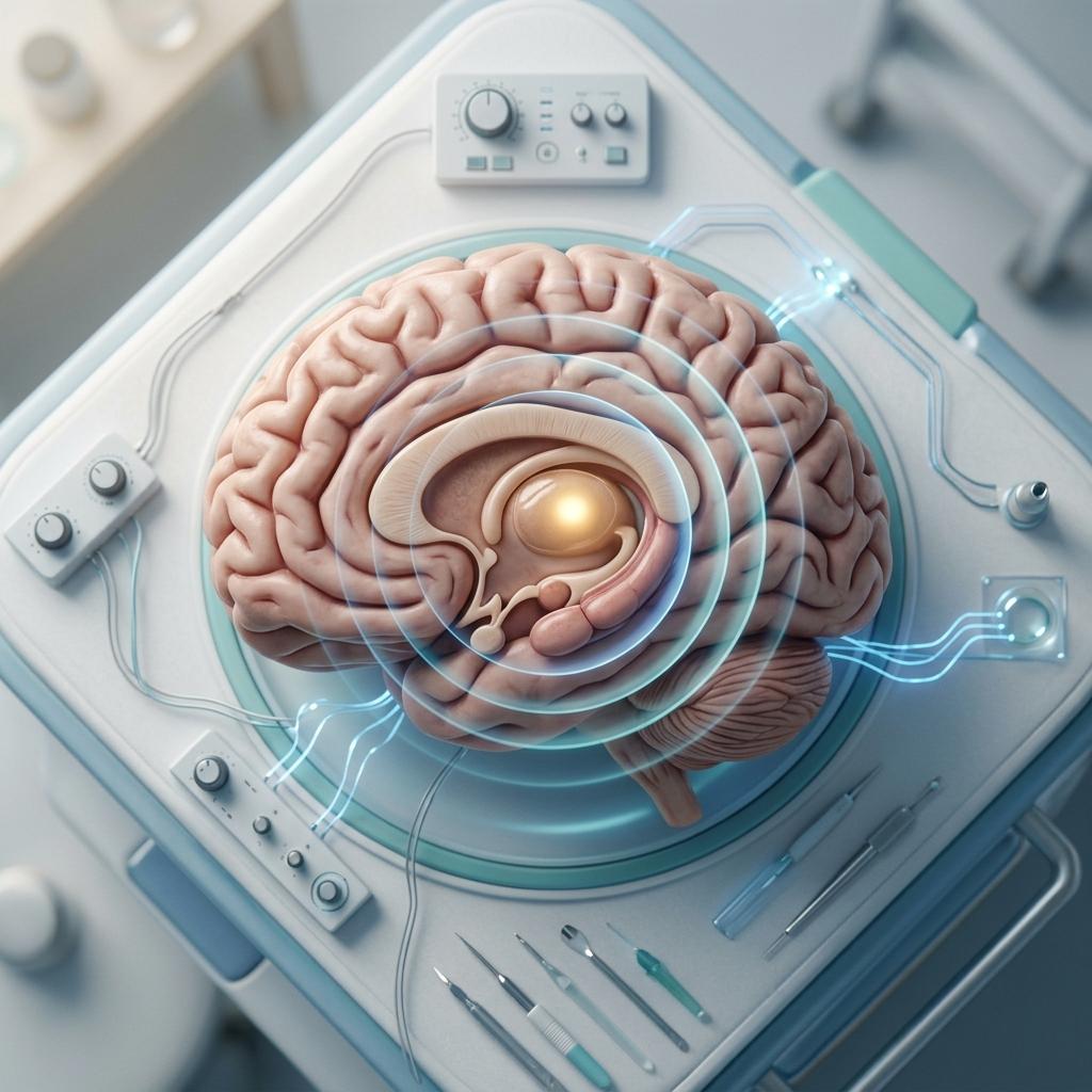 Ilustração médica de cérebro com áreas-alvo de ultrassom focalizado no tratamento da doença de Parkinson